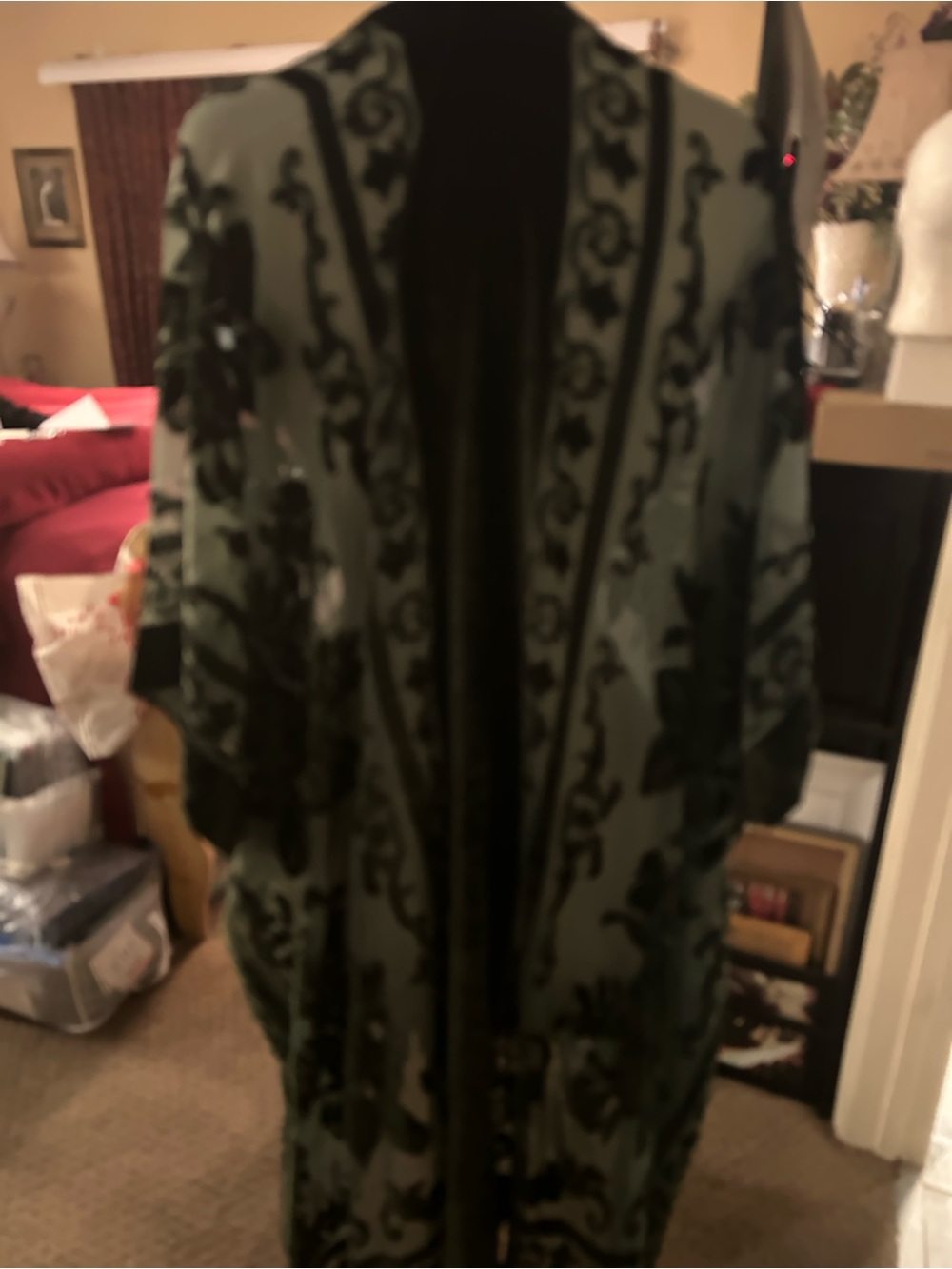 Velvet Floral Fringe Kimono Wrap - Sage Green - Picture 2 of 2